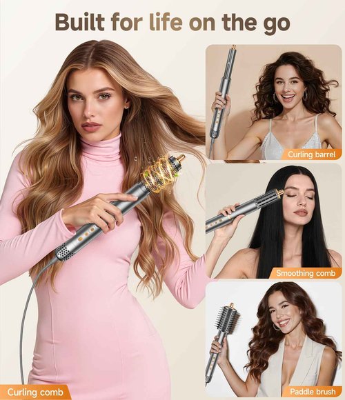 8 in 1 Hair Styler & Hair Dryer Brush Set, High-Speed Negative Ionic Foldable Hair Dryer Fast Drying, Multi Professional Hot air Styler for Curling Volumizing Straightening Styling(Grey)