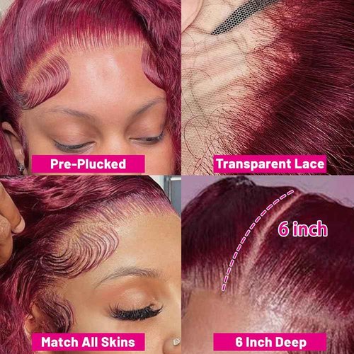 ILHILH 99J Burgundy Lace Front Wigs Human hair Deep Wave 13x6 HD Lace Frontal Wigs Human Hair Pre Plucked 200 Density Wine Red Colored 99J Curly human Wig with Baby Hair 26 inch Glueless Wig