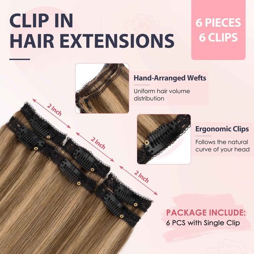 TESS Clip in Hair Extensions Human Hair with Single Clip Lace Weft Straight Highlight Add Volume 6 Pcs 6 Clips, 22 Inch, Chocolate Brown Mixed Light Brown
