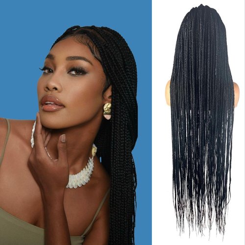 JBG 36 Inch Braided Wigs for Black Women - Knotless Box Braid Wig with Baby Hair, Lightweight Glueless Braided Lace Front Wigs, Full Double Lace Wig, Handmade Synthetic Box Braids, Long Black