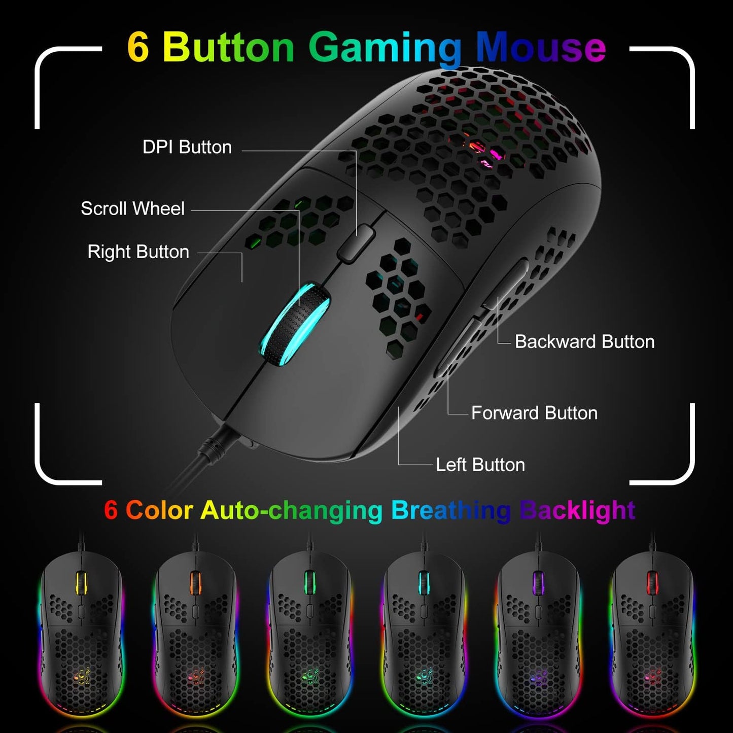 60% Gaming Keyboard and Mouse Combo Small Mini RGB Backlight Mechanical Feeling and Mechanical RGB 6400 DPI Honeycomb Optical Mouse,Gaming Mouse pad for Gamers and Typists Black