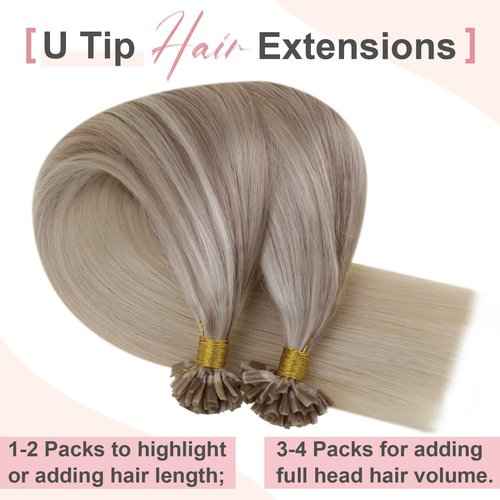 Easyouth U Tip Hair Extensions Human Hair Pre Bonded Hair Extensions Ombre Ash Blonde to Light Blonde Mixed Platinum Blonde Utips Human Hair Extensions Hot Fusion 50g 18inch