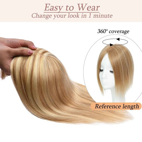 RICH BRIA Human Hair Toppers for Women with Thinning Hair Real Human Topper Crown No Bangs 10 Inch #12P613 Golden Brown mix Bleach Blonde