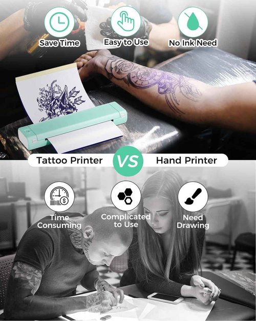 Phomemo M08F Wireless Tattoo Transfer Stencil Printer Green with 45PCS of Tattoo Transfer Paper Compatible wit, Bluetooth Tattoo Printer Compatible with Android, iOS and PC