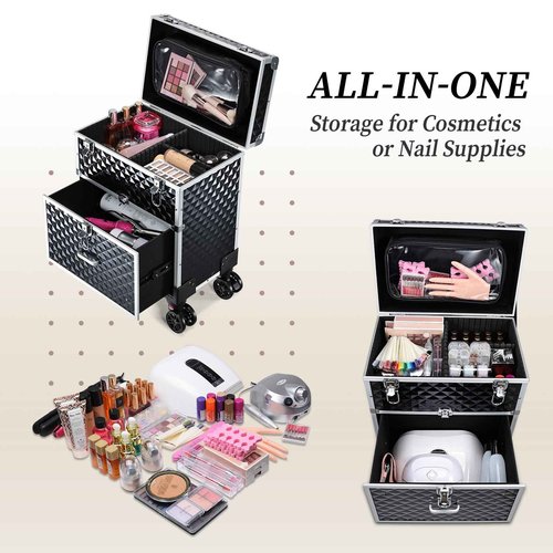 Adazzo Professional Rolling Makeup Case with Drawer for Makeup Artists Cosmetic Train Case Large Storage Case for Nail Technicians Cosmetology Case with Detachable Bag for Hairstylist Black