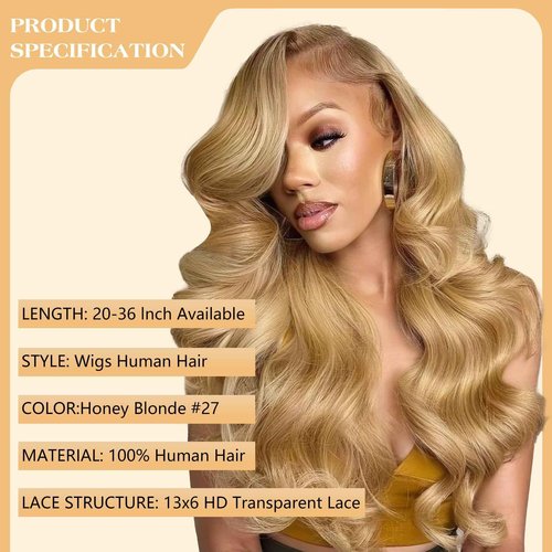 KERUISI 28 Inch Honey Blonde Wig Human Hair 200% Density 13x6 Body Wave Pre Plucked Glueless HD Transparent Lace Frontal Human Hair