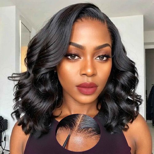 JuneMet Side Part Layered Curtain Bangs Wig Human Hair 9x6 Glueless Wigs Human Hair Pre Plucked Pre Cut Loose Body Wave 220 Density HD Lace Clourse Front Wigs with Bangs for Black Women 14 Inch