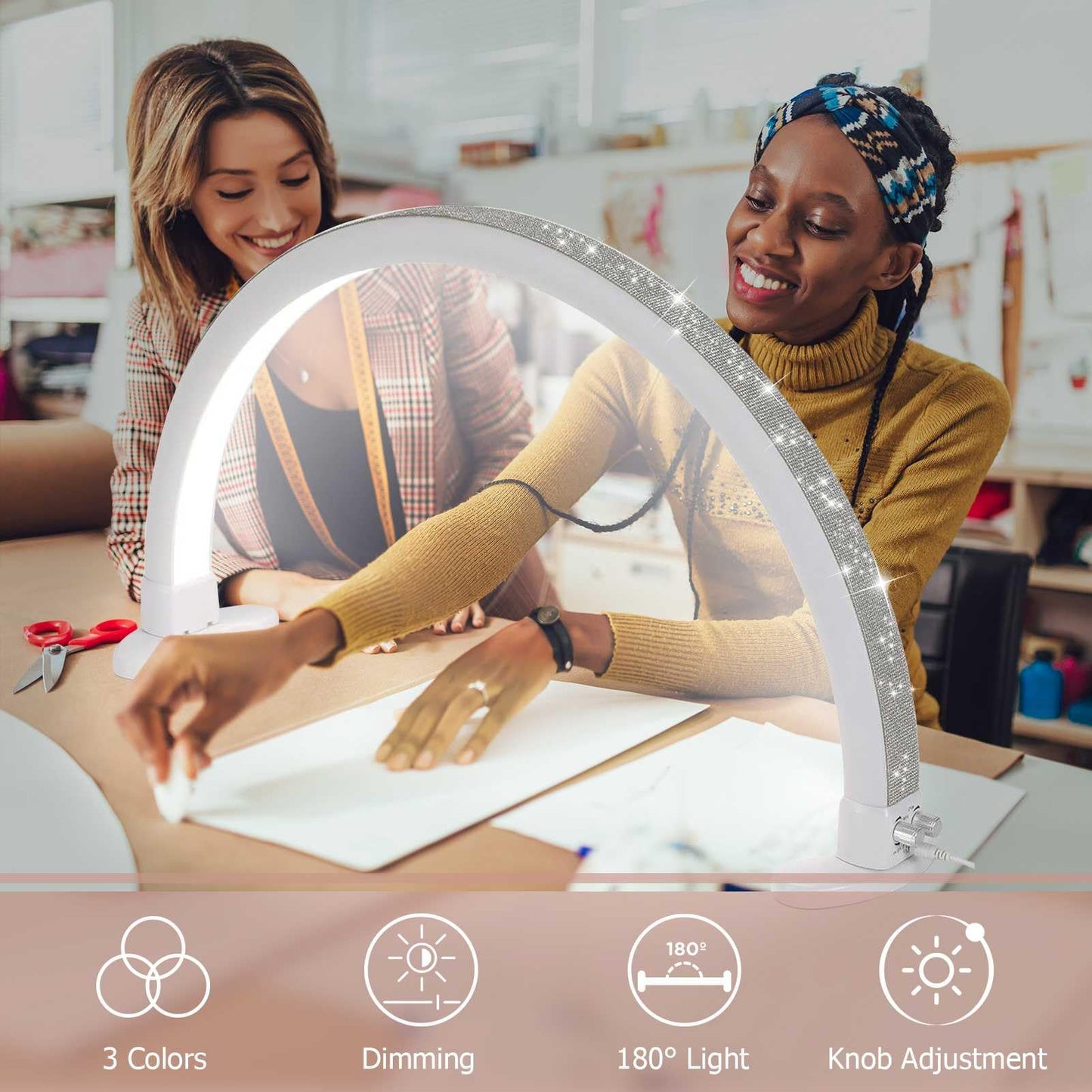 KMLSHLL Half Moon Light for Nail Desk with Phone Holder, Adjustable Brightness 2700K-6000K, 45W Rhinestones Arch Light for Nail Techs