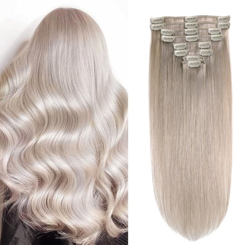 Clip in Hair Extensions Real Human Hair Clip in Extensions for Women Seamless Invisible Light Grey Natural Remy 100% Human Clips ins Extension 8pcs Double Weft 18 inch 3.5oz/100g