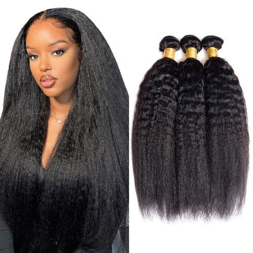 26 28 30 inch Color 1B Human Hair Bundles Yaki Straight Bundle Kinky Straight Human Hair 3 Bundles Double Weft Yaki Bundle