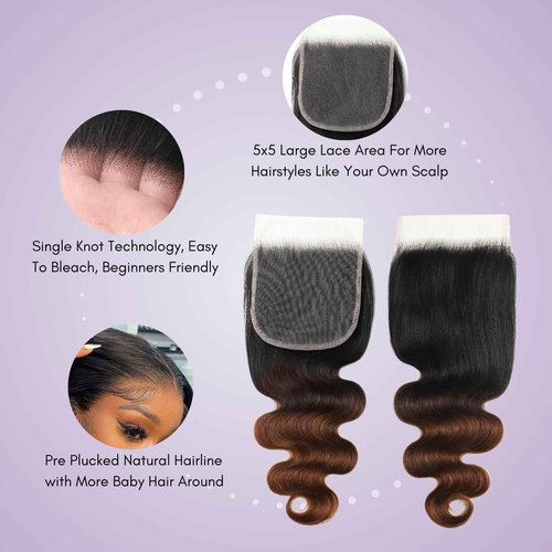 AUROO 3 Tone Chestnut Brown Ombre 3 Body Wave Bundles with Closure Human Hair, 12A Virgin Remy Hair Bundle T1B/2/30 Medium Brown/Auburn Colored 3 Bundles with 5x5 HD Lace Closure Free Part 10 12 14+10