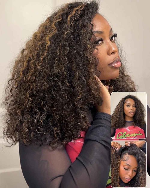 BLY Highlight Water Wave Half Wig Human Hair 3 in 1 Glueless Drawstring Flip Over Wear Go Wig for Women 1B 30 Color 180 Density Beginner Friendly Wigs 18 Inch