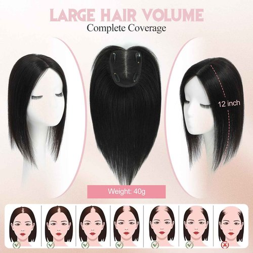 FU SHEN Hair Toppers for Women Real Human Hair 12inch Professional Grade 10X12CM Swiss Base Hairpiece for Thinning Hair Breathable Human Hair Topper Clip in Toppers(2#)