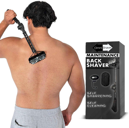 OmniShaver Ergonomic Maintenance Back Shaving Kit - Extendable Handle with Dual Shave Heads for Easy Reach - Includes Lotion Spreader - Self-Cleaning & Self-Stropping - Maintenance Back Shaver for Men