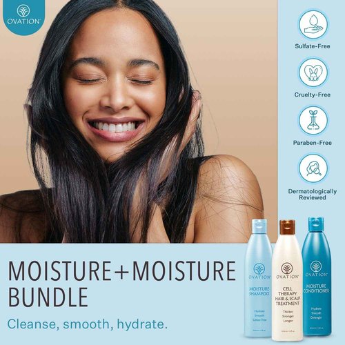Ovation Hair Moisturizing 3-Step Bundle for Dry Hair with Moisture Shampoo & Conditioner, Cell Therapy Hair Growth & Healthy Scalp Treatment - Nourish, Smooth, Detangle & Hydrate Dry or Brittle Hair
