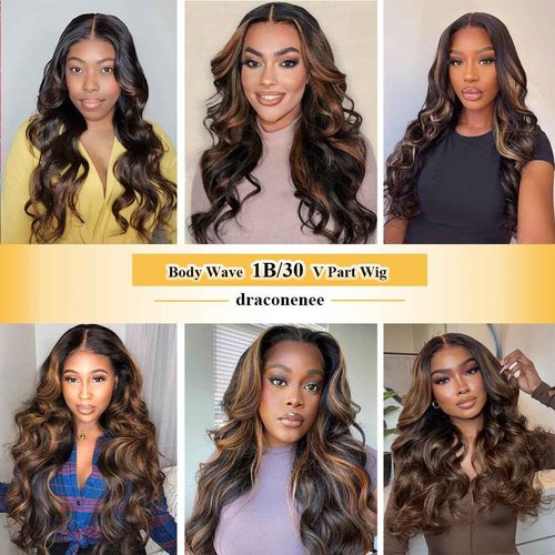 draconenee V Part Wig Human Hair Body Wave 1B/30 Highlight Ombre Wigs for Black Women Wear and Go Glueless Human Hair Wig Upgrade U Part Wigs No Sew in No Glue Beginner Friendly 180% Density 20 inch