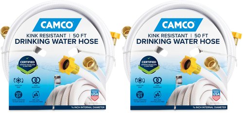 Camco TastePURE 50’ Camper/RV Drinking Water Hose | Certified Drinking Water Safe | Features Reinforced PVC Design w/Brass Fittings & Swivel Female Connector | 5/8-Inch ID (22793) (Pack of 2)