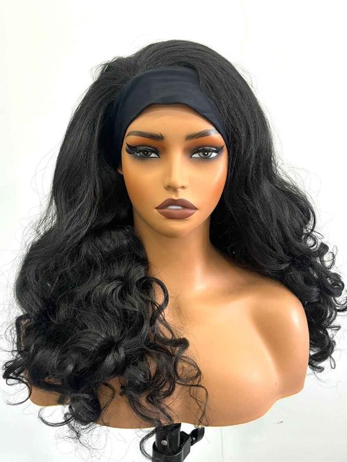 Emistar YAKI Body Wave Headband Wig Loose Curly Heabdand Wigs Glueless Synthetic Hair Natural Black Wigs for Black Women None Lace Front Wigs Headband Wigs 150% Density (Long)
