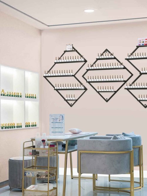 EBANKU Metal Wall Mounted Nail Polish Storage Racks, Black Display Rack Cosmetic Display Case Lipstick Wall Shelf Essential Oil Organizer for Bottles Spa Nail Salon (Irregular Rhomboid)