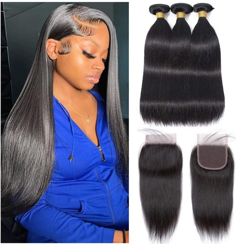 Straight Bundles with Closure Human Hair 14 16 18+12 Inch 100% Brazilian Unprocessed Virgin Body Wave 3 Bundles Human Hair with 4x4 Free Part Lace Closure Natural Black