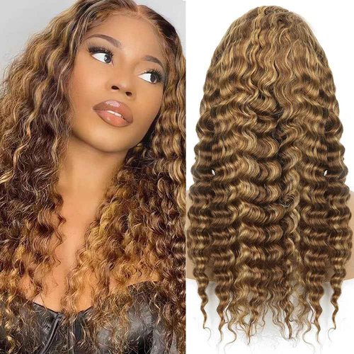 Alidiamond 16Inch Highlighted Deep wave Lace Front Wig Human Hair Honey Blonde Highlight Deep Wave Wigs Human Hair 4/27 Curly Highlighted Wig for Black Women Pre-Plucked 180% Ombre Curly Wigs Glueless