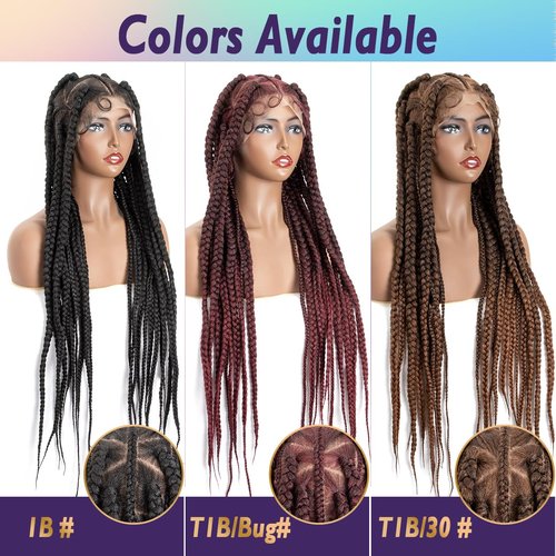 originea DAIXI 36" Full Lace Box Braided Wigs for Black Women, Full Knotless Hand-Knitted Synthetic Braided Wigs with Baby Hair, Soft and Skin-Friendly Silk Lace Back (Pre Partition, T1B/Bug)