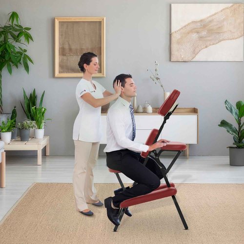 FDW Portable Massage Chair, Tattoo Chair, Foldable Spa Massage Chair, High Density Foam Height Adjustable SPA Salon Chair, Facial Brace for Customers with Backpack (Burgundy)