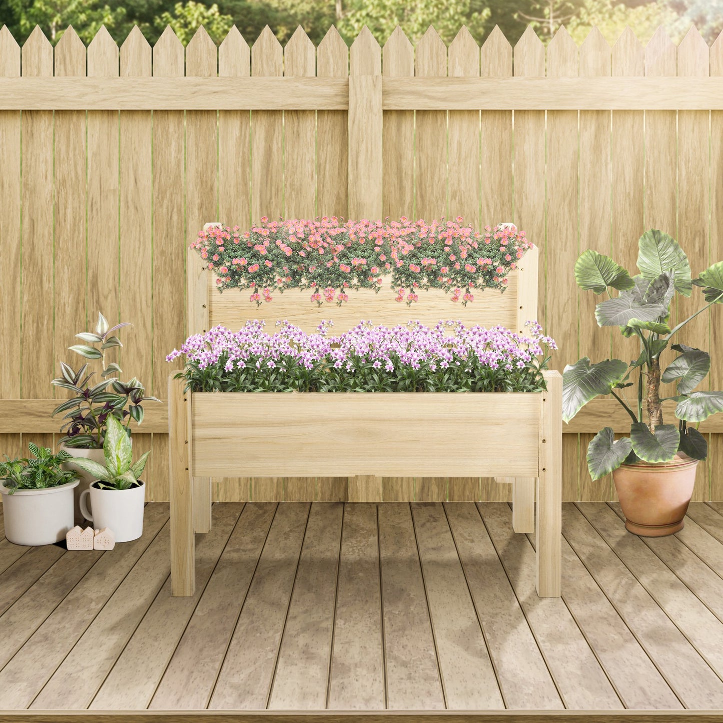 2-Tier Wooden Garden Bed and Plant Stand - 34x34x28 Inches, Natural