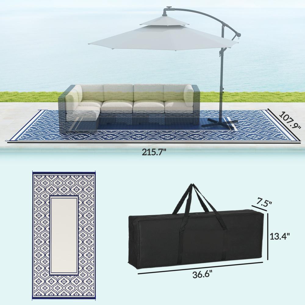 Reversible Outdoor Rug - Waterproof Polypropylene, 9' x 18', Blue & White Gourd Border with Carry Bag
