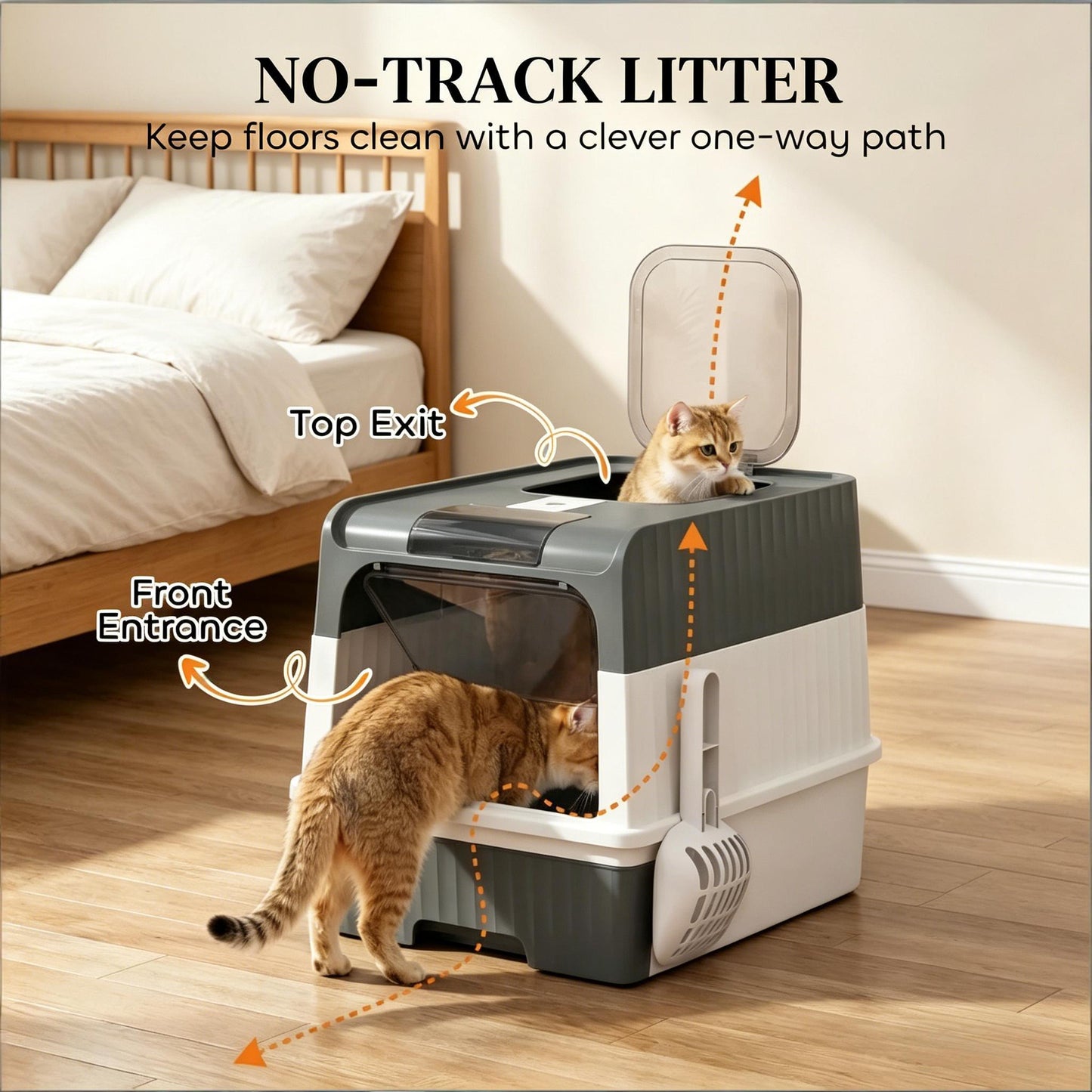 Compact Enclosed Cat Litter Box with Top Exit Design - Black, Gray, White