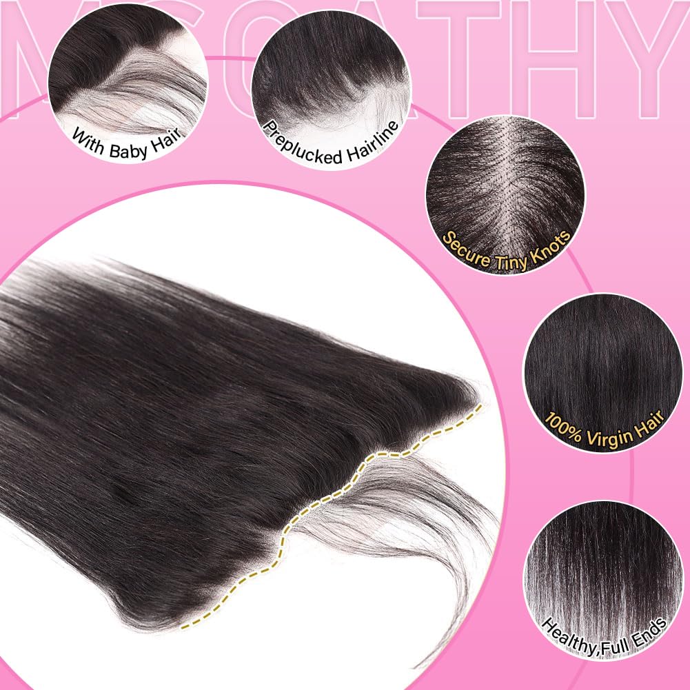 13x4 Lace Frontal Closure Straight Human Hair Ear to Ear HD Lace Free Part Brazilian Hair Extensions 0.095 mm Ultra Thin Invisible Lace Closure Pre Plucked Natural Hairline with Baby Hair 14Inch