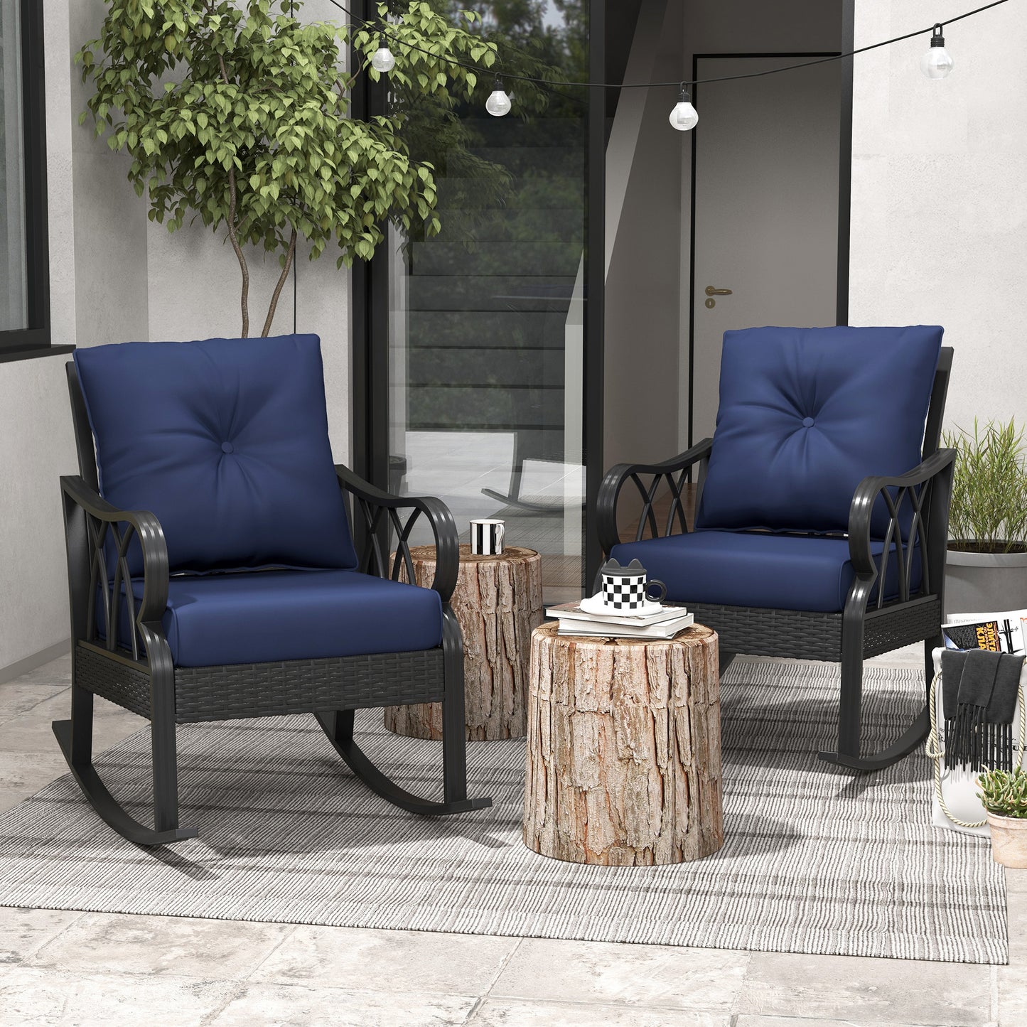 2 Piece Outdoor Rattan Rocking Chair Set with Cushions - Blue