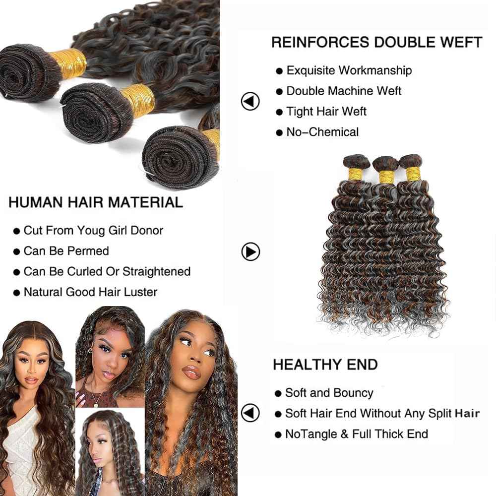 Giginger Bundles Human Hair P4/GREY 24 26 28 inch Deep Wave Human Hair Bundles Highlight Chocolate Grey Unprocessed Quick Weave Soft Sewn In Hair Extensions for Black Women
