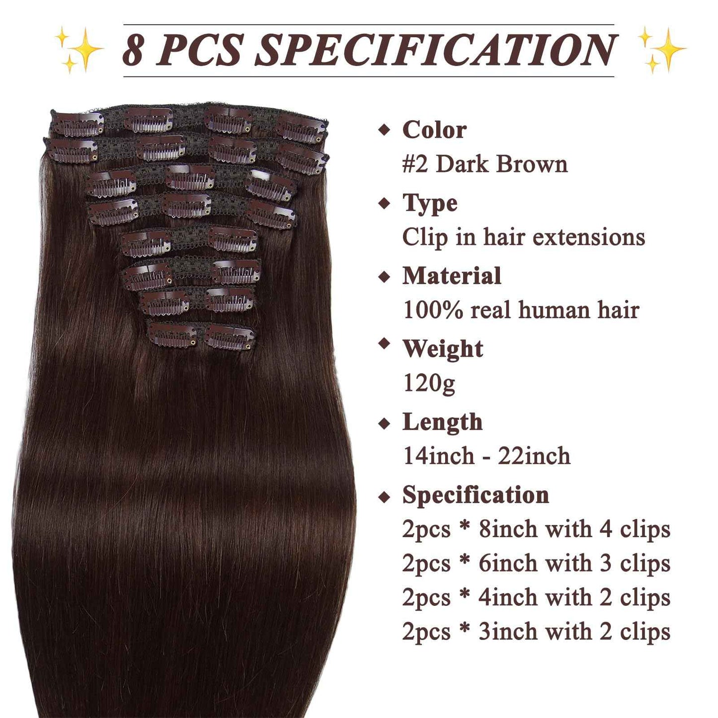 Long Hair Extensions Real Human Hair 120G 100% Virgin Human Hair Dark Brown Clip In Hair Extensions Soft Silky for Women 22 Inch 8Pcs 22Clips