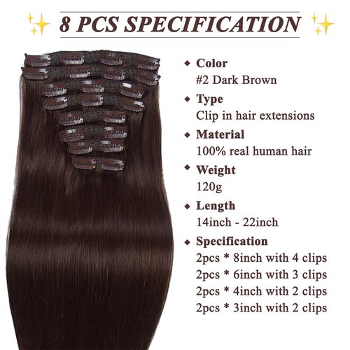 8PCS Dark Brown Clip In Hair Extensions Real Human Hair, 12A Naturally Soft Hair Extensions 120G 100% Virgin Human Hair Extensions for Women(18 Inch, 22Clips)