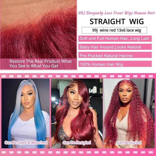 PRUWIGS 22 Inch 99j Burgundy Lace Front Wigs Human Hair 250% Density Straight Burgundy Wig Human Hair 99j 13x6 HD Glueless Frontal Wigs for Women Pre Plucked with Baby Hair