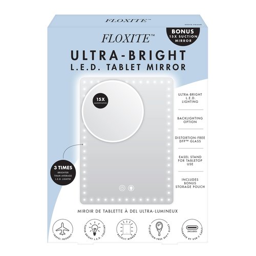 Floxite LED Lighted Tablet Mirror with 15X Magnification, Ultra Bright Lighting, USB-C Charging, Tabletop Stand