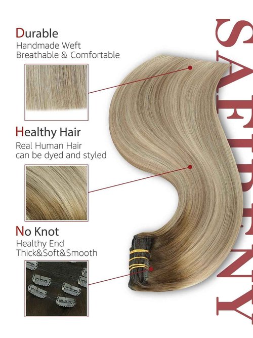 SAFIRENY Clip in Hair Extensions Real Human Hair Double Weft Balayage Color Walnut Brown To Ash Brown And Golden Blonde,Clip in Hair Extensions,16 Inch 100g,6pcs Per Set With 18 Clips（#3/8/22,16")