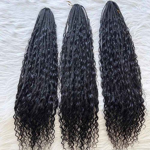 Crochet Boho Box Braids With Human Hair Pre Looped Hair Goddess Box Braids With Human Hair Curly Full Ends Hair Extensions For Women Natural Black Color 24inch 1 Pack(40 Strands)