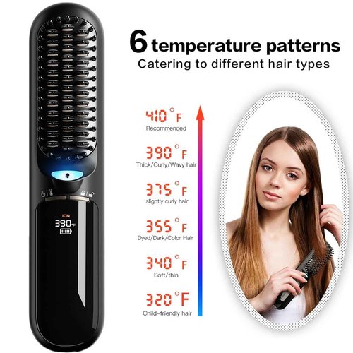 Upgraded safety lock, travel portable wireless hair straightener, LED high-definition digital display, negative ion hair care, 6 kinds of temperature adjustment, mini electric hairbrush, gift for girl