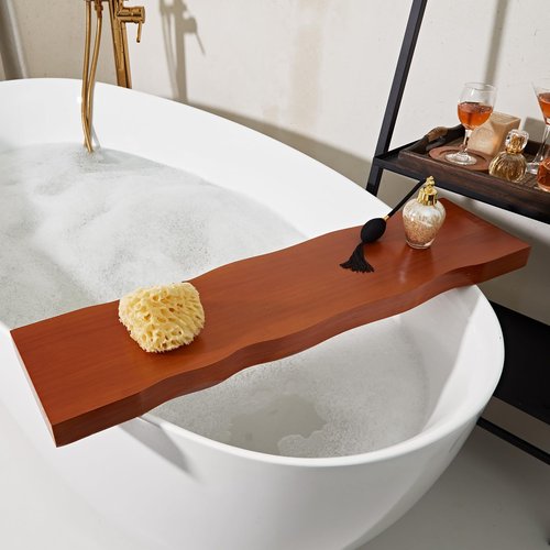Wood Bathtub Caddy Tray, Anti-Slip Premium Wood Bathtub Tray, Waterproof Rectangle Bath Table with Waved Edge, Sturdy Organic Bath Board for Bathroom