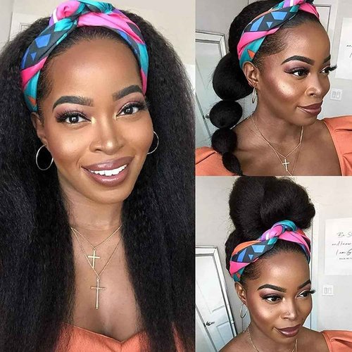 CYIKLI Kinky Straight Headband Wig 24 Inch Human Hair Headband Wigs for Black Women Glueless Yaki Straight Human Hair Headband Wigs Natural Black color