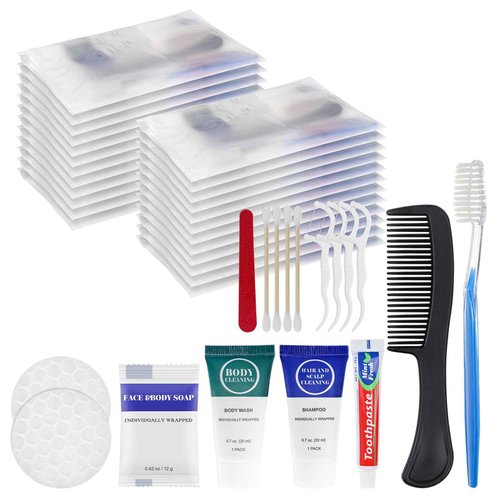Toiletry Kits Travel Essentials Disposable Hygiene in Bulk, Trial Size Toiletries Supplies Individually Wrapped Traveling Personal Care Items, for Camping, Hotel, Homeless, Charity, 8-in-1 (40-Pack)