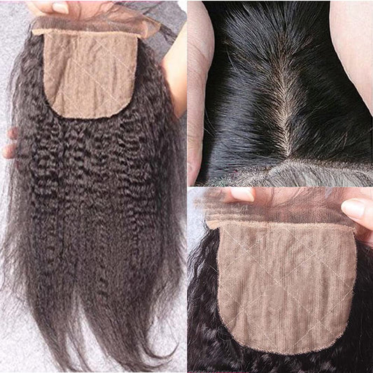 Nicewig Silk Base Top Closure Yaki Straight Bleached Hidden Knots Free Part 4x4 Fake Scalp Lace Closure With Baby Hair Unprocessed Virgin Kinky Straight Human Hair Closure 10" inch