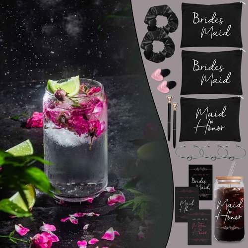 56 pcs Bridesmaid gifts bridesmaid proposal gifts, Maid of Honor Gifts contain 16oz Glass Cups Cosmetic Makeup Bags Invited Cards Scrunchies Hair Knotted Bracelets Diamond Pens love clip (Black)