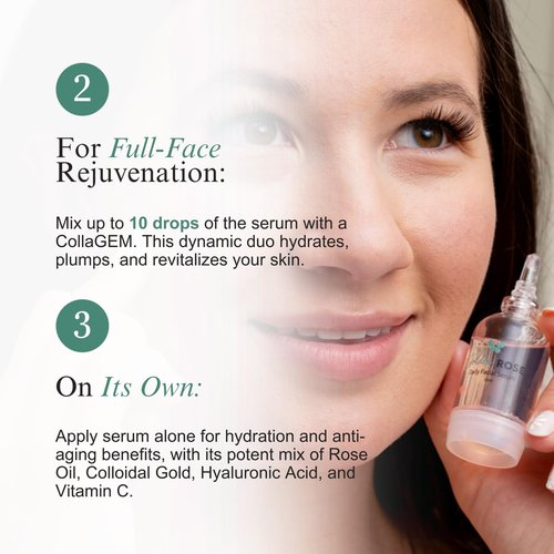 Bevanni Golden ROSE Serum + CollaGEMS - Pure Rose Essential Oil with Colloidal Gold, Hyaluronic Acid & Vitamin C & Collagen Balls - Daily Face Routine for Anti-aging, Firming, Restore & Brighten Skin