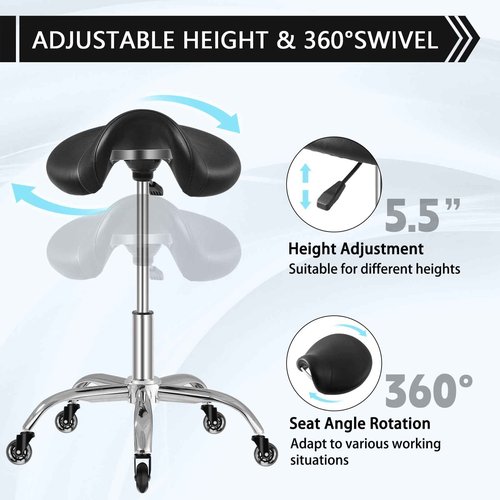 Saddle Stool with Wheels 300 lbs Weight Capacity, Heavy Duty Rolling Stool for Medical Massage Salon Kitchen Spa Drafting Nail-Tech,Height Adjustable,360 Swivel,Wide Thick Seat Padding (Premium Black)