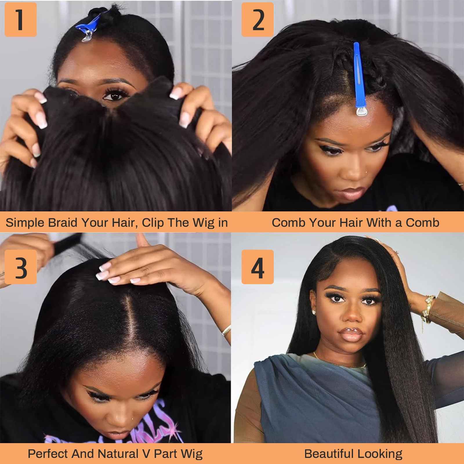 MOOTAFUL V Part Human Hair Wig Kinky Straight V Part Wig Human Hair for Black Women 18 Inch Glueless Wigs Clip Upgrade Natural Beginner Friendly Middle Part 200% Density