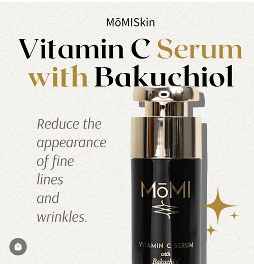 MōMI Vitamin C Serum with Bakuchiol. Brightening, firming, helps with hyperpigmentation. Contains 20% THD Ascorbate, HA, Ferulic Acid, Vitamin E and Bakuchiol,