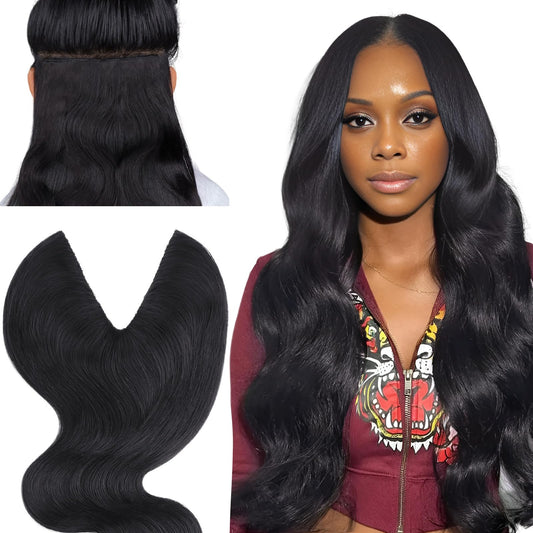 IDN BEAUTY V Part One Piece Clip in Hair Extensions Human Hair Combo Pack, Body Wave 14 Inch 110g 1pcs V Part and 2pcs Clip Ins For Black Woman Natural Black V Shape Lace Weft Seamless Invisible Edge